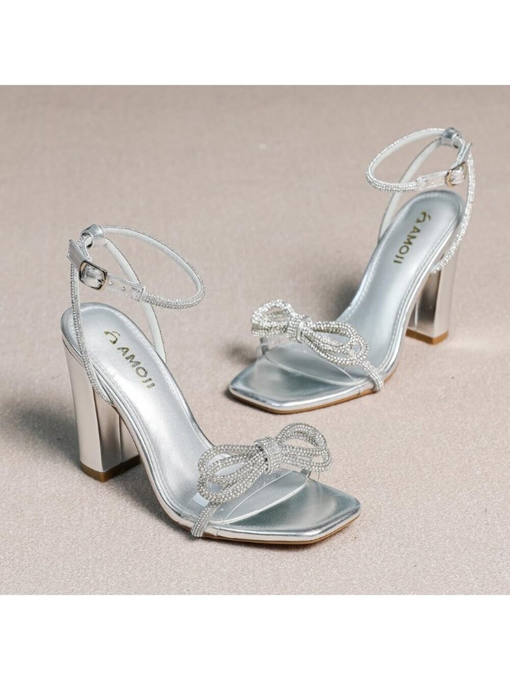 Women's Pu Silver 4 Inch Rhinestone Bowknot Block Heels Open Toe Heeled Sandals - Picture 7 of 7